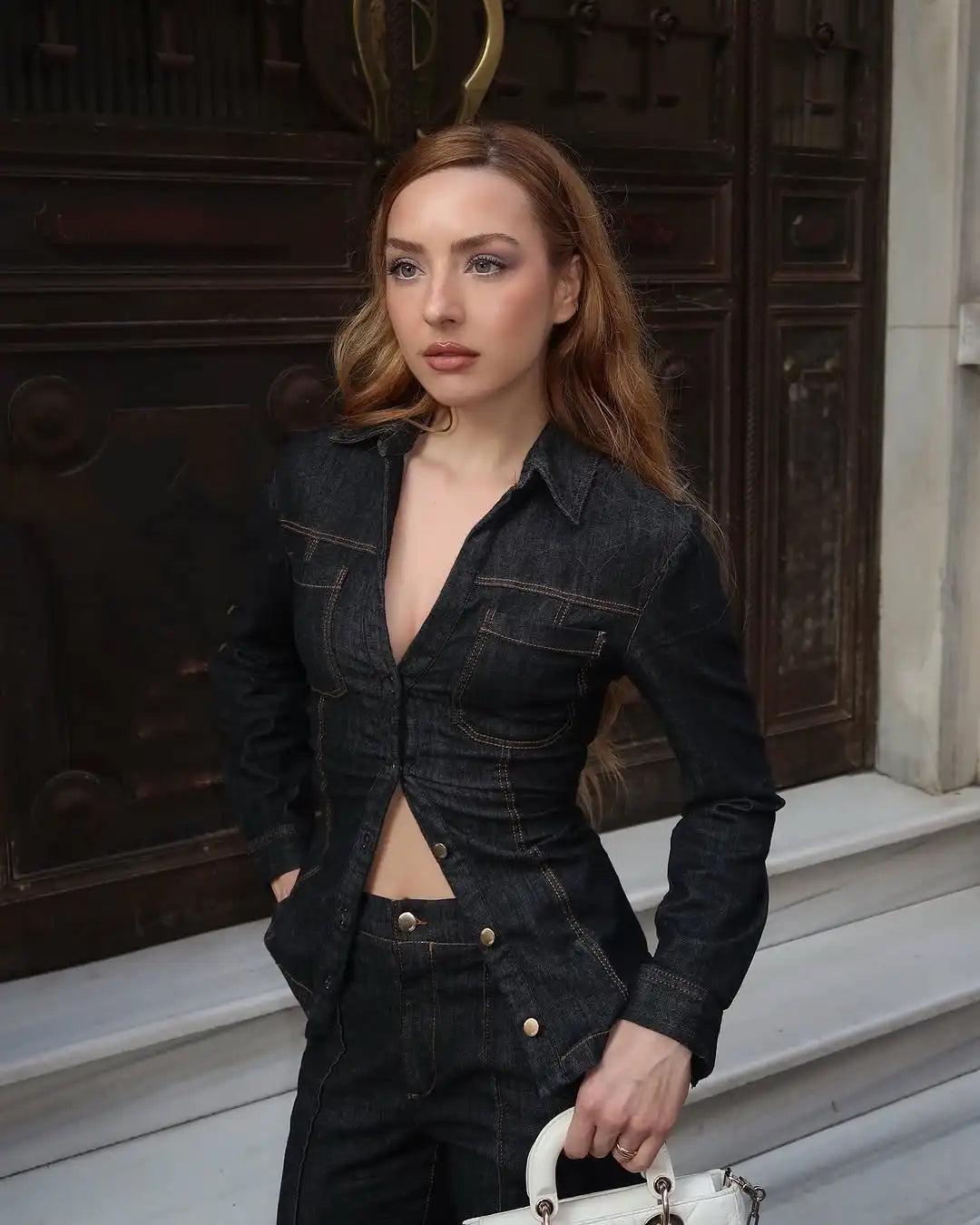 Women Fashion Denim Solid Top High Waist Pants Suits Casual Single Breasted Lapel Neck Shirts Pant Set Spring Lady Street Wear