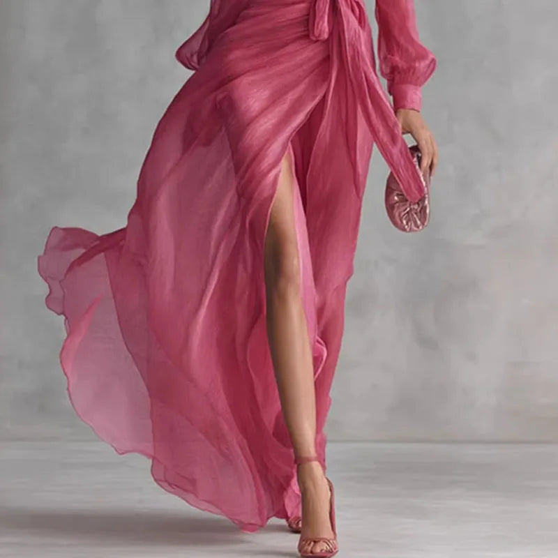 Elegant Deep V Neck Hollow Party Dresses Woman New Spring Wrap Tie Waist High Slit Long Dress Femme Solid Long Sleeve Maxi Dress