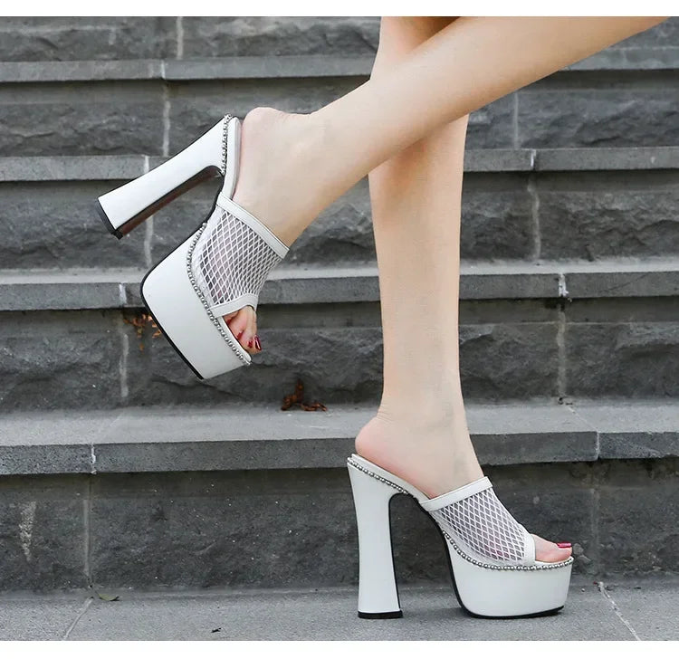 Women Mesh Lace Sandals  Summer Sexy High Heels Platform Slippers Ladies Fashion Bright Leather Comfort Open Toe Sandals
