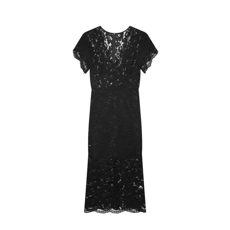 Women's Dress 2026 Summer New Solid Color Short Sleeve V-neck Lace Waistband Long Dress Elegant and Stylish Fashionable