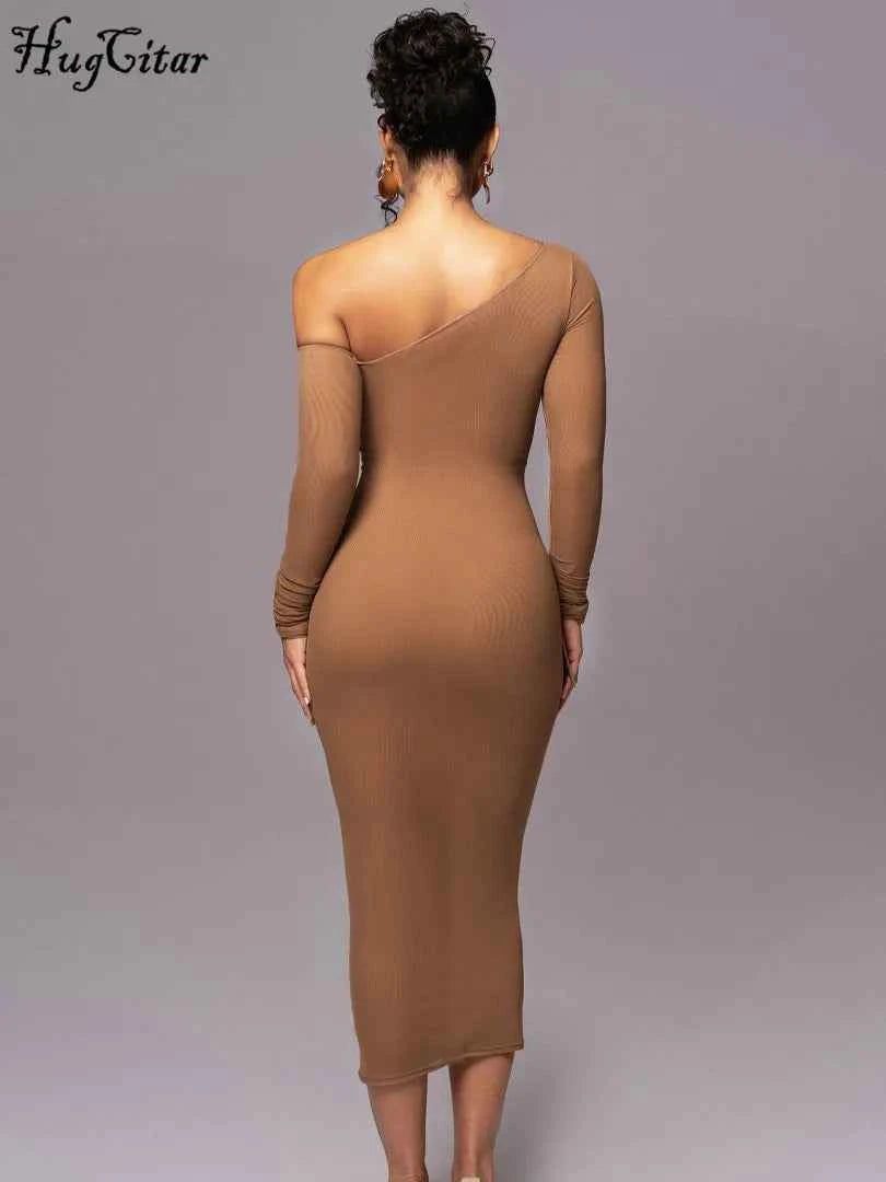 Hugcitar Mesh Solid Diagonal Collar Long Sleeve Draped Sexy See Through Bodycon Maxi Dress Summer Fashion Clothes Festival Club