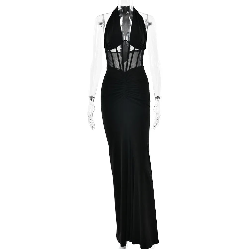 Elegant White Long Curvy Dress Women's Halter Deep V Backless Black Mesh Ruched Maxi Dresses Evening Party Cocktail Robe Summer