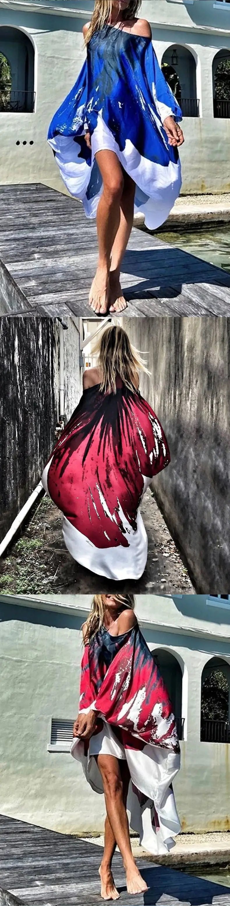 Printed Dresses Women 2025 Summer New Sloping Shoulders Loose Casual Beach Vacation Irregular Dress Fashion Beachwear Vestidos