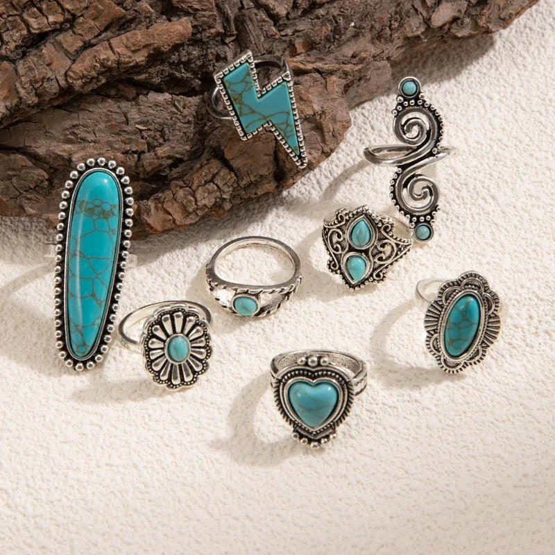 8Pcs set Vintage Bohemian Crystal Turquoise Stacking LOVE Rings Knuckle Rings Lightning Carved Rings Western Jewelry for Women