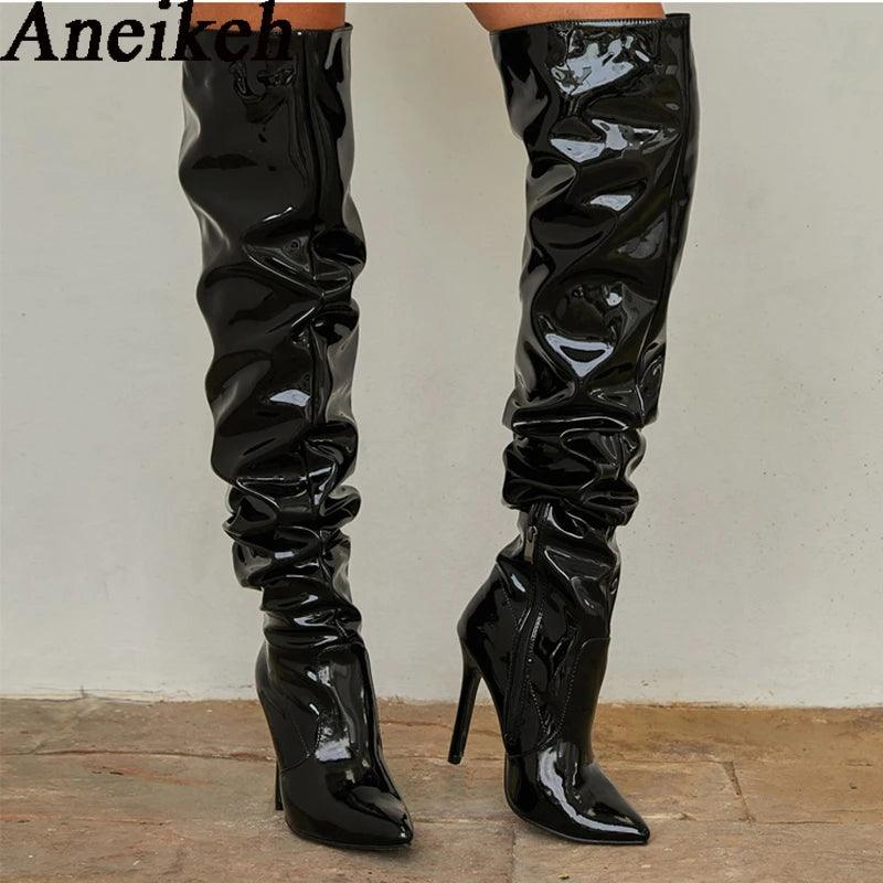 Aneikeh Patent Leather Over The Knee Chelsea Boots Women Shoes Heels Fashion Solid Sexy Thin High Heel Side Zippers Boots Female - CRAVO ROSE