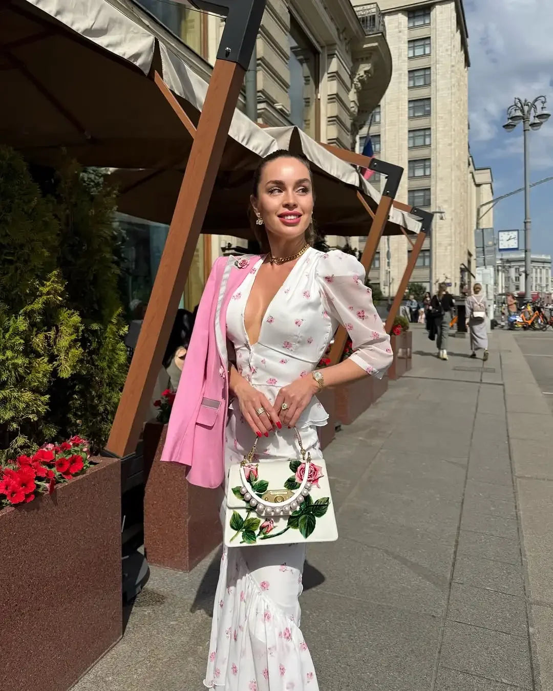 Women White Floral Print Maxi Dress V Neck Puff Sleeve Peplum Waist Fishtail Hem Chiffon Robe Elegant Party Wedding Guest Gown