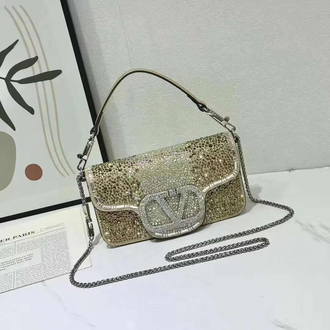 Bolsa de mão embutida com diamante, bolsa de noite portátil com corrente de ombro único, bolsa de couro brilhante com diamante quadrado para uso diário - CRAVO ROSE