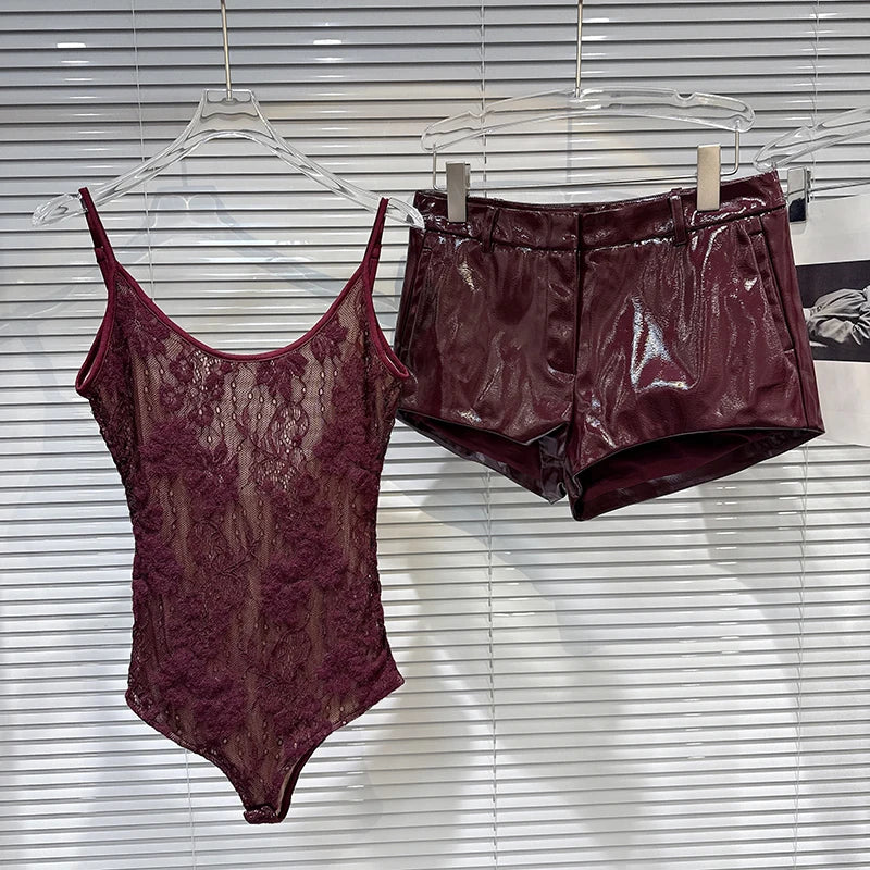 DEAT 2025 Autumn New Fashion Slim Fit Backless Lace One-Piece Camisole For Women Solid Color PU Leather Shorts Female 11A07083