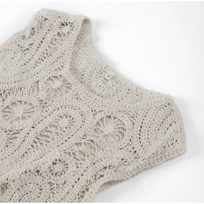 Crochet Knitted Asymmetric Women's Dress Set Chic O-neck Sleeveless Top Short Lining Skirt Suit 2023 Fashion Fairy Sweet Outfits