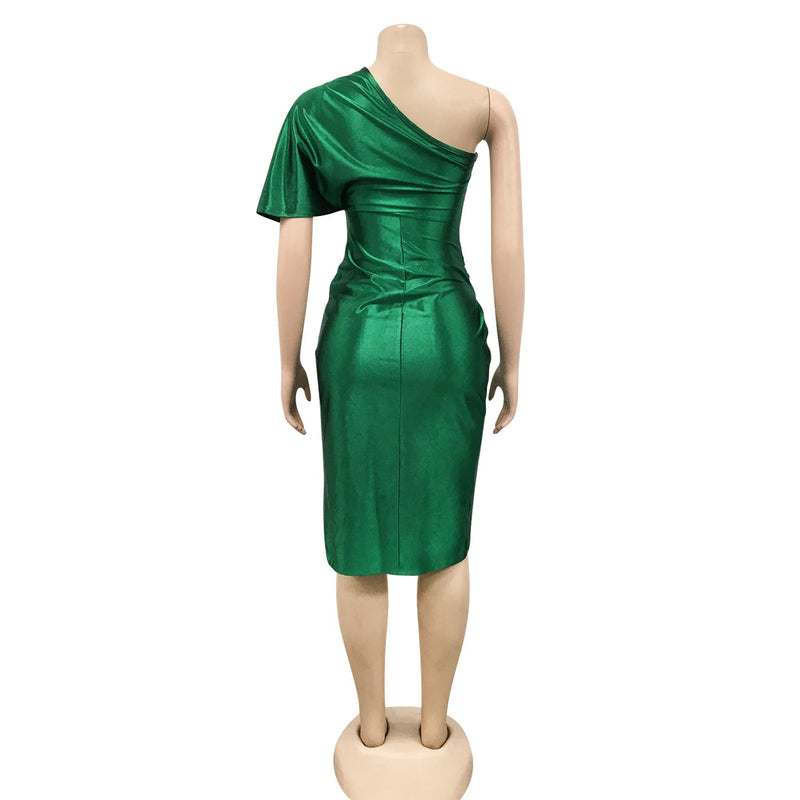 Clothing 2022 Summer Solid High Split One Shoulder Elegant Midi Dress For Woman Birthday Nightclub Party Club Dresses Vestidos
