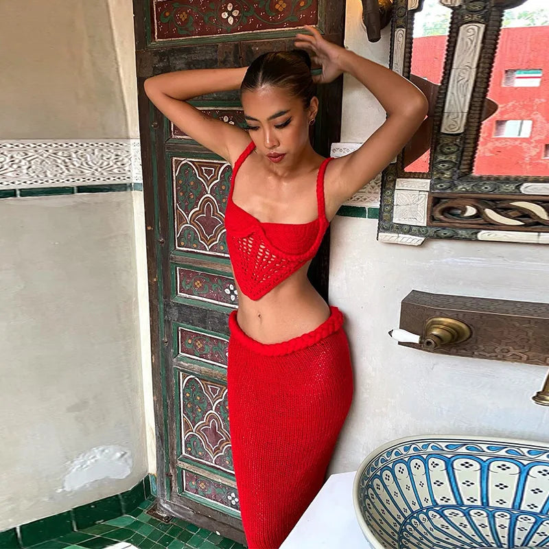 Sexy Knit Crop Tops Skirt Sets Women Sleeveless Backless Sling Tank Long Hip Package Skirts 2025 Holiday Beach 2 Piece Set Lady