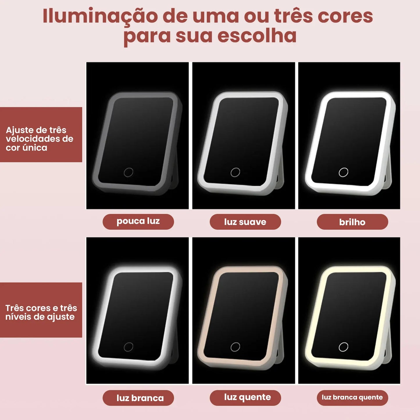 Espelho de Beleza com Lupa e Luz LED, 3 Painéis, Iluminação Ajustável, Base Antiderrapante para Bolsa e Viagem