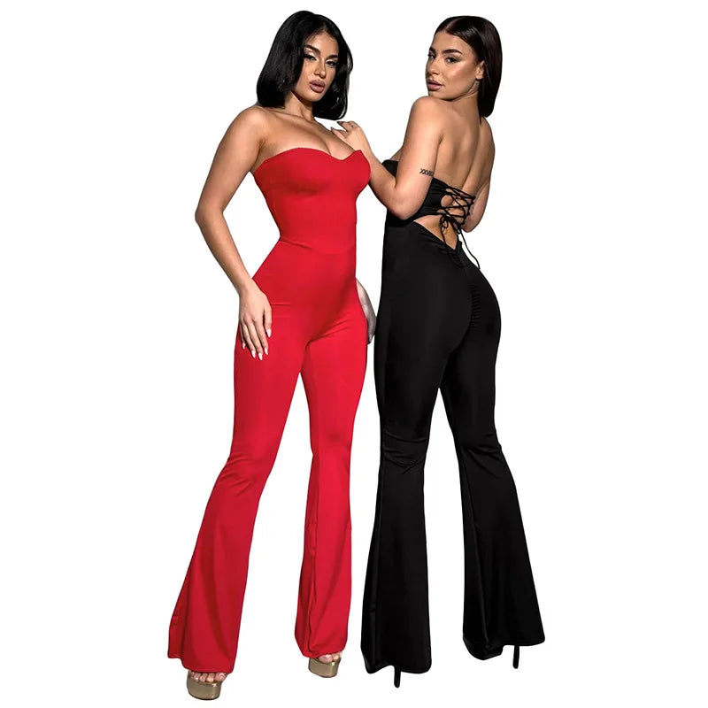2025 Summer Women's Solid Color Back Strap Strapless Strapless Open Shoulder Tight Micro Flared Pants Jumpsuit