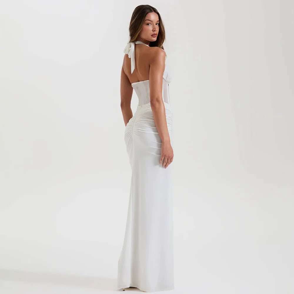 Elegant White Long Curvy Dress Women's Halter Deep V Backless Black Mesh Ruched Maxi Dresses Evening Party Cocktail Robe Summer