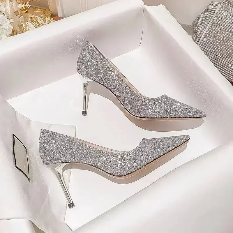 Sapatos de salto alto femininos dourados para casamento, saltos de noiva, sandálias de festa elegantes de grife, vestido, banquete, lantejoulas, sandálias de tacón
