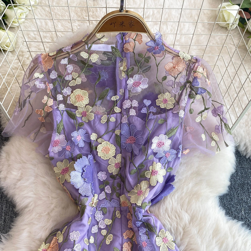 Summer High-end Embroidery Lace Prom Dress Women French Luxury 3D Flower Short Sleeve Long Dress Party Bodycon Holiday Vestido