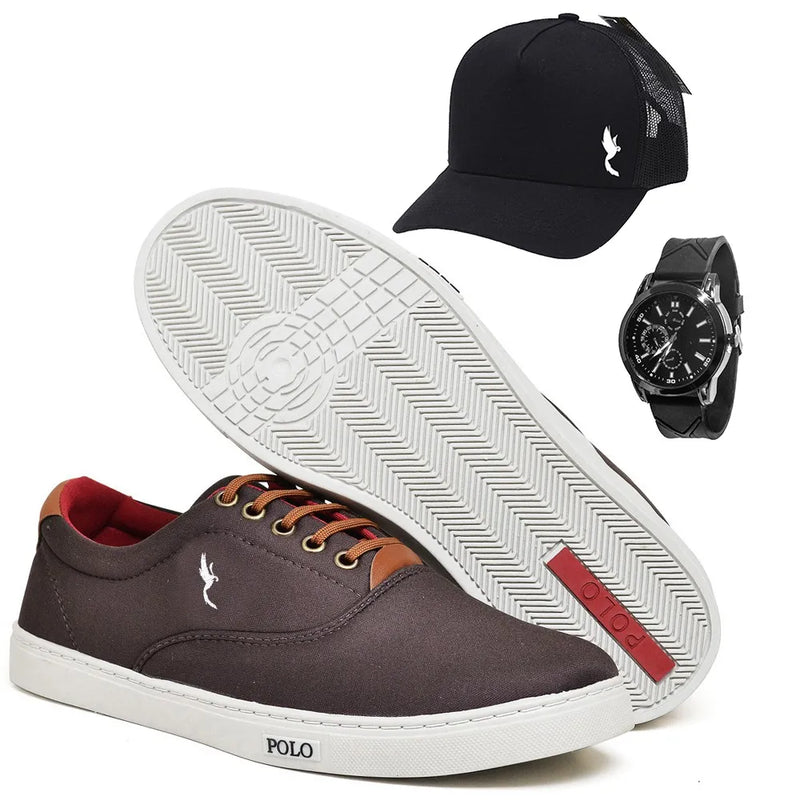 Men's Polo Blu Cano Low Casual Shoes with Watch and Black Cap Special Combo Numbering from 37 to 46.