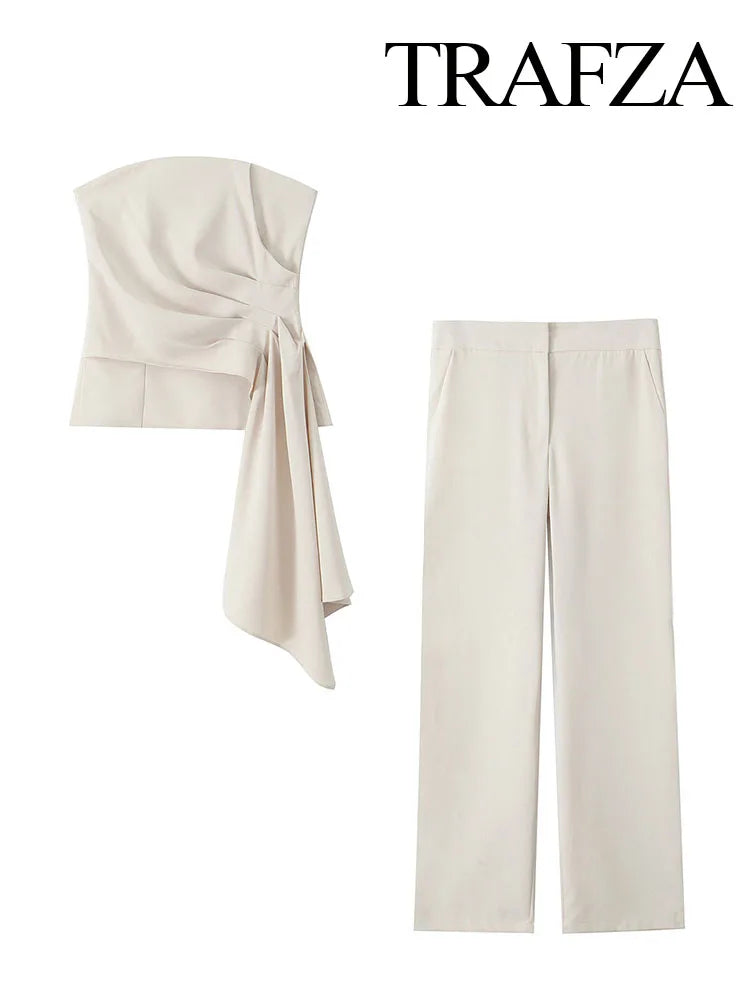 TRAFZA Women 2 Piece Set Solid Asymmetric Folds Side Zip Design Short Vest Top+Fashion Pockets High Waist Casual Wide Leg Pants