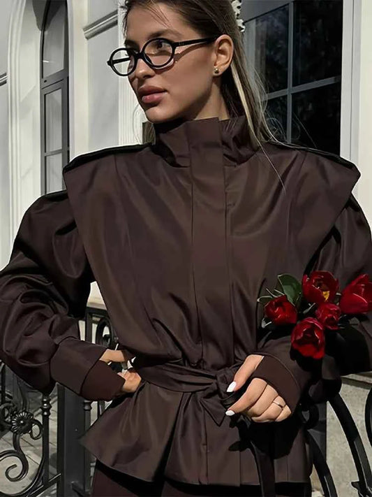 Fashion Stand Collar Belted Waist Short Jacket For Women Casual Puff Sleeve Wide Shoulder Coat Lady 2026 Chic Street Outerwear