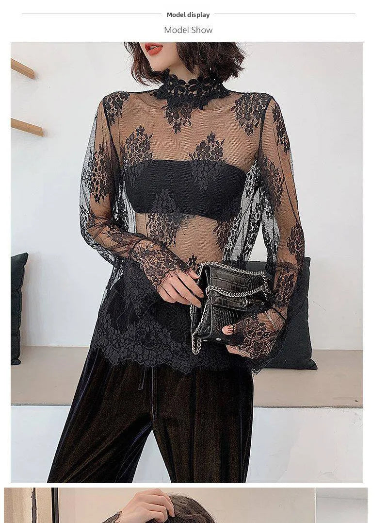 Sexy Lace Base Shirt Women's Mesh Inner Top Half High Collar Knitted Sweater Layerable Floral Lace Trim See through Design