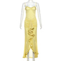 DGLUKE Spaghetti Strap Mesh Long Dress Women Ruched Bodycon Asymmetrical Ruffle Maxi Dress Elegant Ball Gown Dress 2025