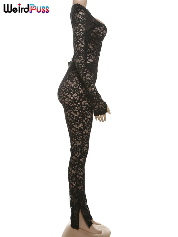 Weird Puss See Through 2 Piece Set Women Sexy  Hollow Jacquard Backless Bodysuit+Leggings Tight Activity Clubwear Skinny Outfits