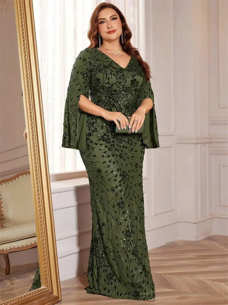 Lucyinlove Plus Size Luxury Gold Evening Dresses Women 2025 Long Sleeve Mermaid Formal Sequins Prom Wedding Party Cocktail Gowns