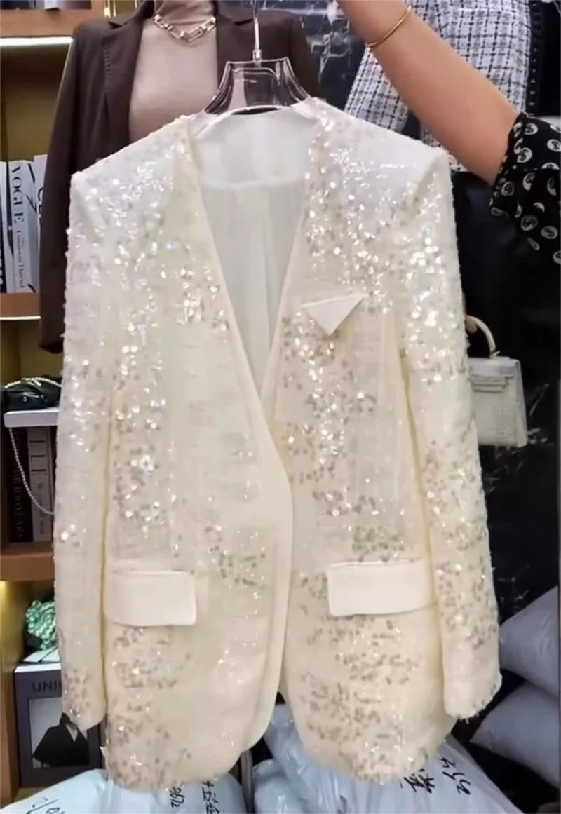 European Brand V-neck Temperament Socialite Sequin Jacket For Women, Mid To Long Style, Stylish Thin Style, Sparkling Top XQ145