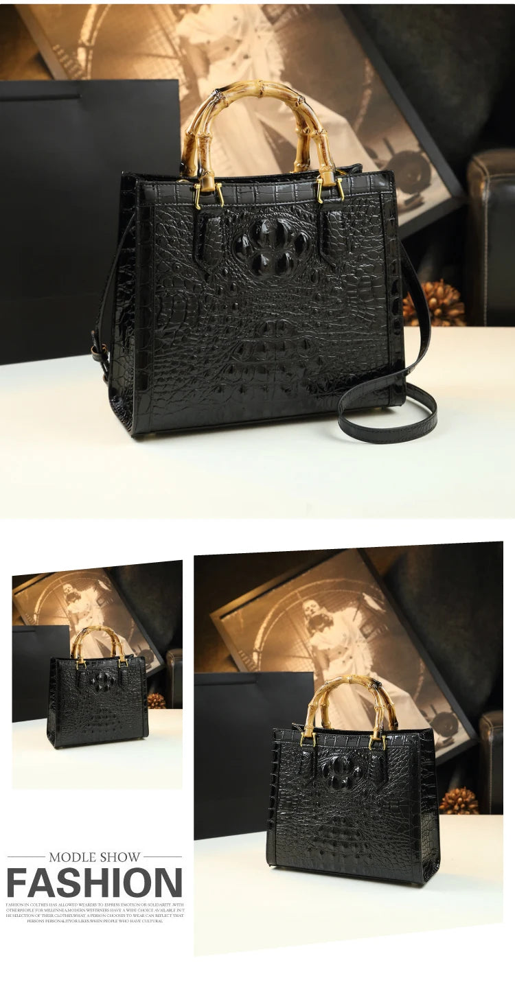 Brand Genuine Leather Real Bamboo Women's Bag Crocodile Pattern Handbag Portable Tote Bag Mom Tide Shoulder Messenger Bags