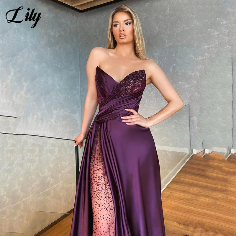 Lily Shining V Neck Purple Prom Dresses Sexy Stain Beach فستان سهرة نسائي Sleeveless Side Split Evening Dress For Special Events - CRAVO ROSE