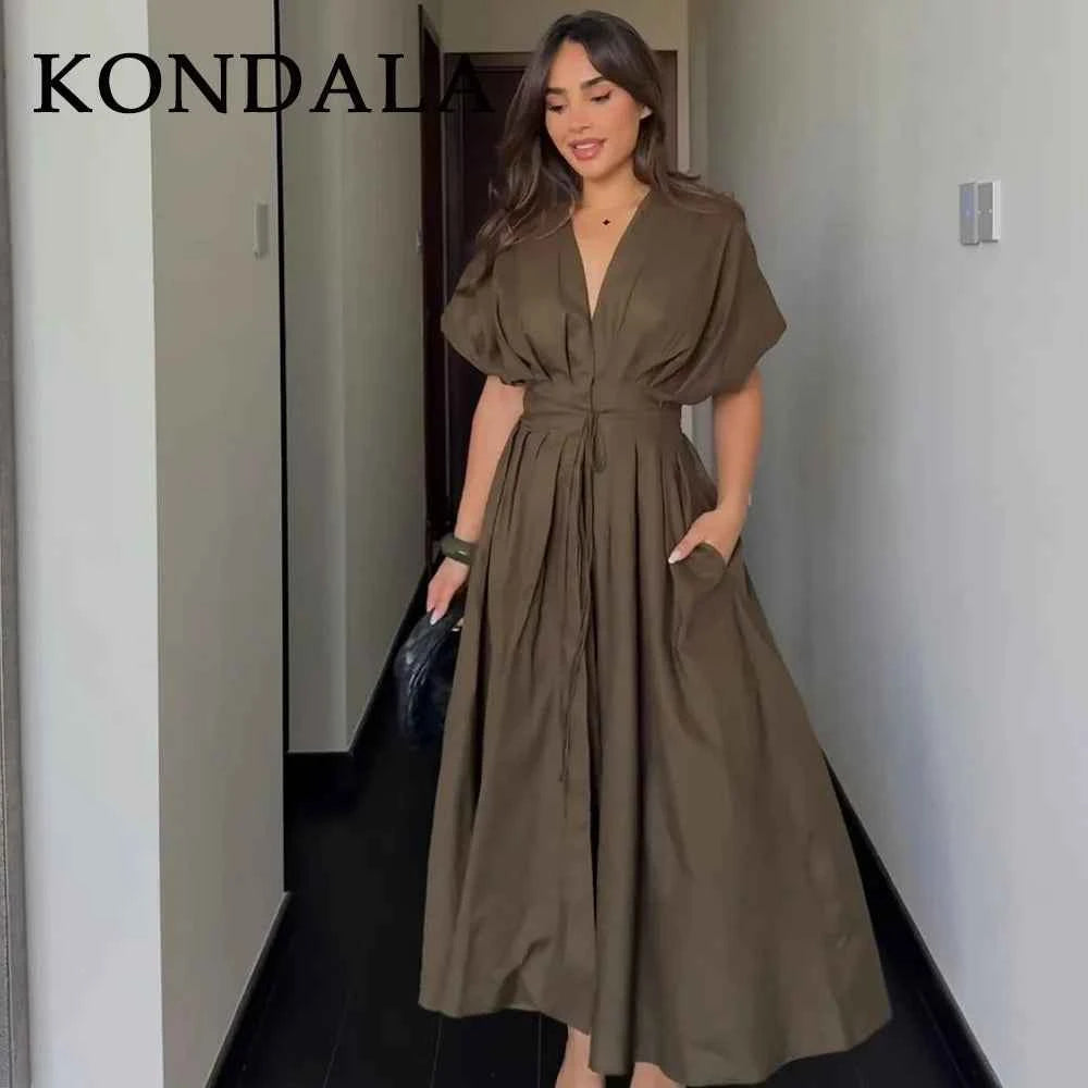 KONDALA 2026 Spring Summer Vintage Women Dress Fashion Single Breasted Sashes Draped V Neck Sleeveless Chic Brown Ladies Dresses