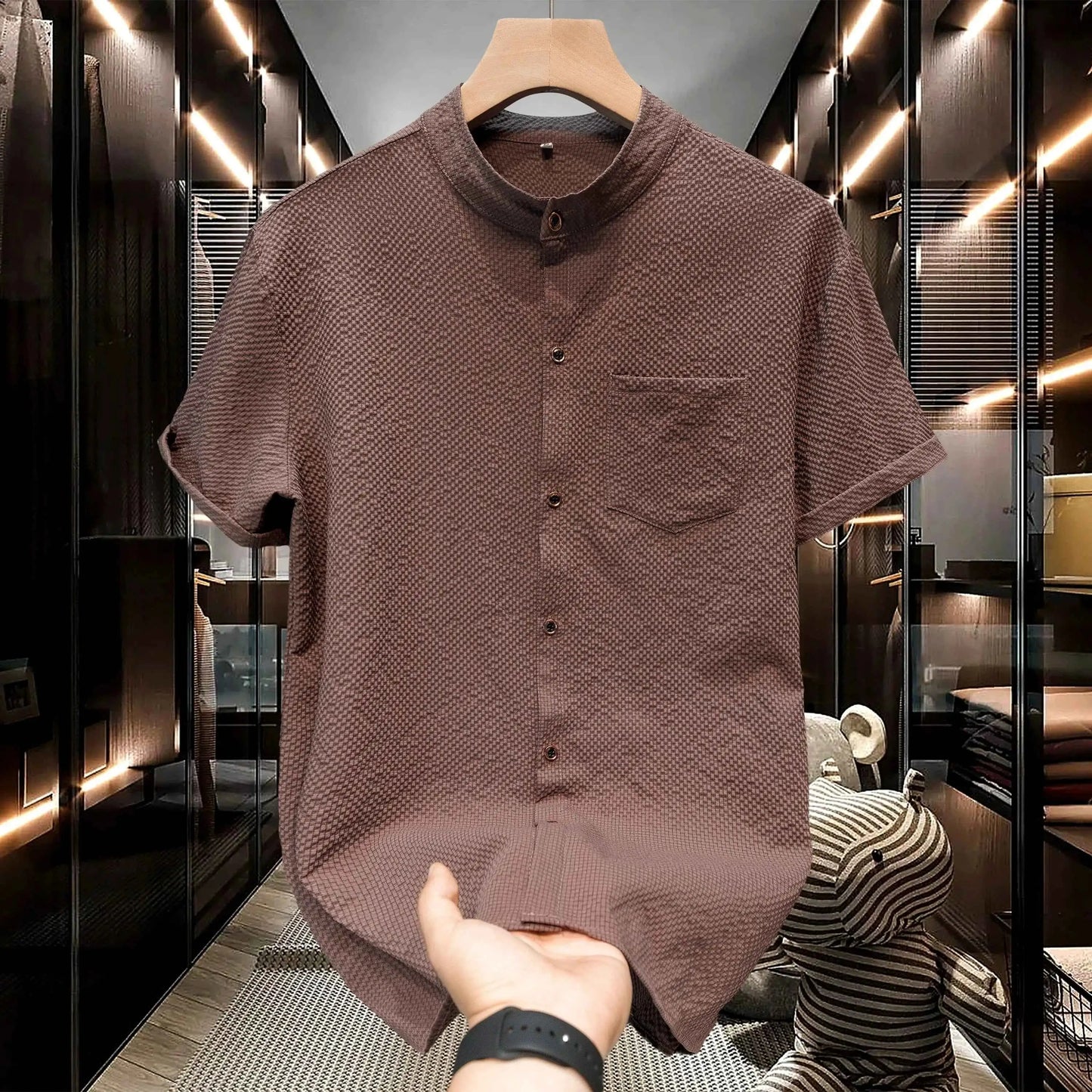 M-5XL Summer Men's Shirt Short Sleeved with Bubble Gauze Textured Fabric Thin Quick Drying Stand Up Collar Short Sleeved Shirt