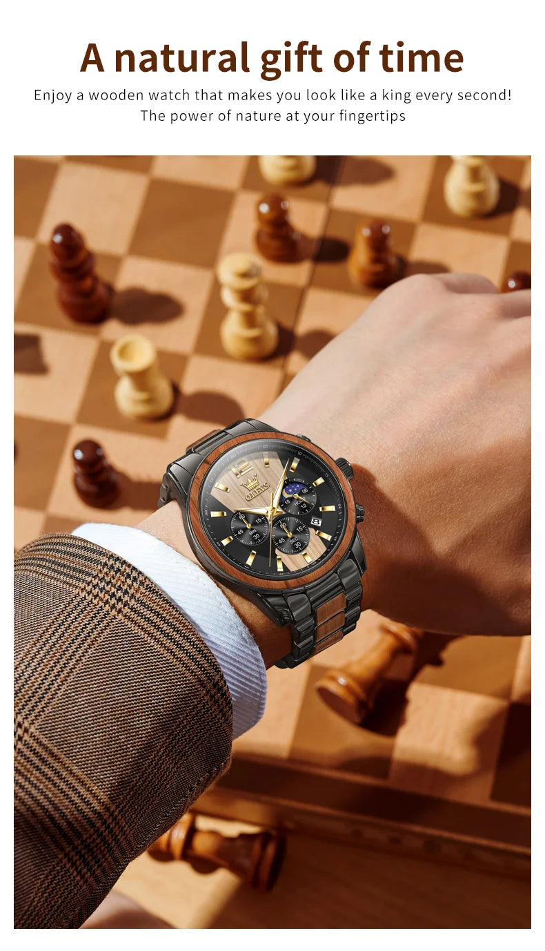 OLEVS 3645 Mens Watch Top Brand Business Original Quartz Watch Solid Wood Multifunctional Chronograph Watch Moon Phase Reloj New