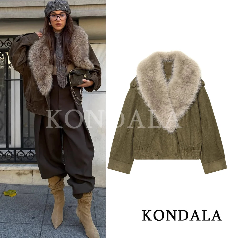 KONDALA Trendy Vintage Fur Collar Jacket Coat Women Elegant Double-breasted Suede Jacket 2026 Fall Winter High Street Jacket