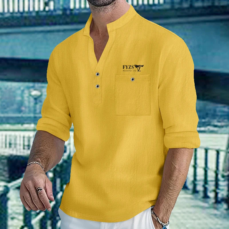 Men's Lightweight Shirts Long Sleeve Henley Cotton Linen Shirts for Male Beach Hawaiian V-neck Top Breathable Polo Shirts top