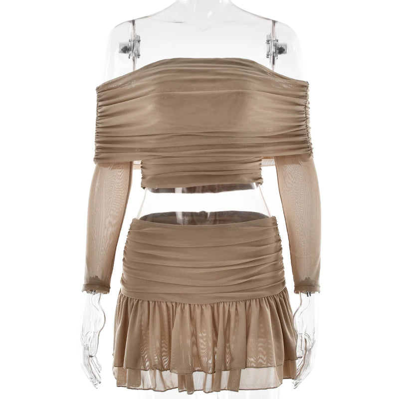 Fantoye Sexy Strapless Two Piece Sets Women Skirt Suit Khaki Long Sleeve Top Ruffle Skirt Female Spring Slim Elegant Skirt Sets