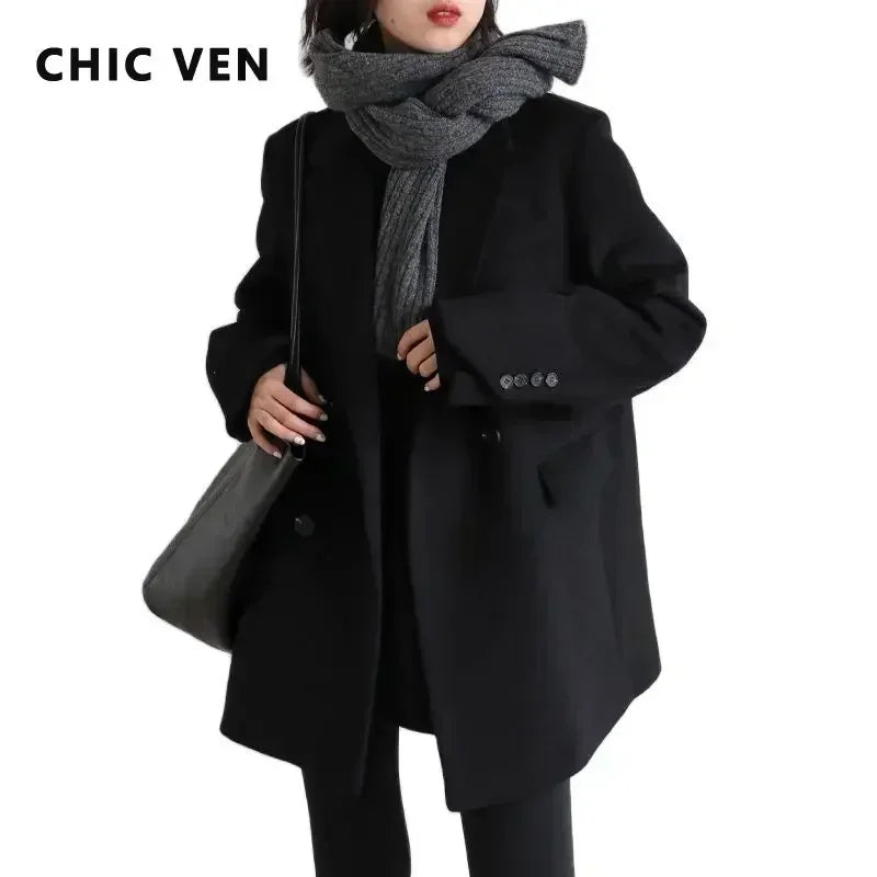 Casaco de lã feminino CHIC VEN, blazer longo de lã, blusa grossa e quente, sobretudo feminino, blusa feminina para escritório, outono e inverno