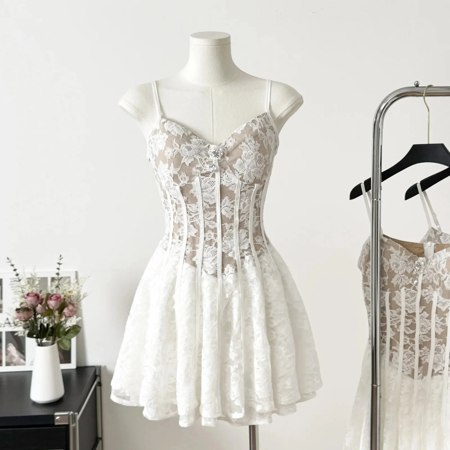 Spring Summer Vietnamese Design Mini Dress Lace Hollow out Puff Sleeve Square Collar Waist Cinched Pleated Low Waist Line