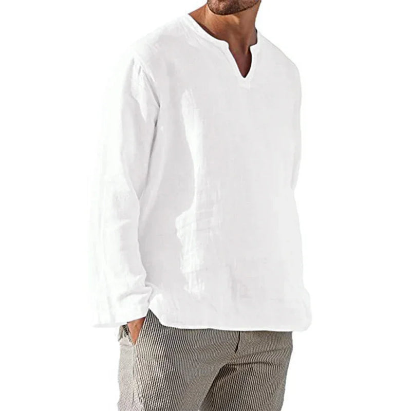 Camisa masculina de algodão e linho, cor sólida, aconchegante, manga comprida, respirável, blusa casual com decote em V, camisa havaiana, camisas leves