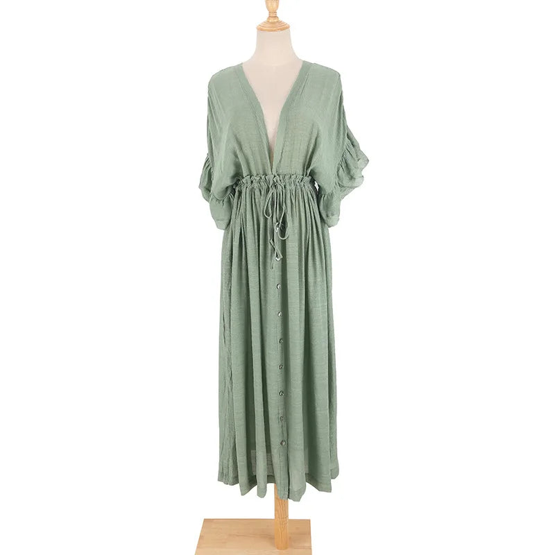 Blusa de biquíni com botões e cintura alta, saia longa, cardigan, jaqueta de praia para férias, proteção solar