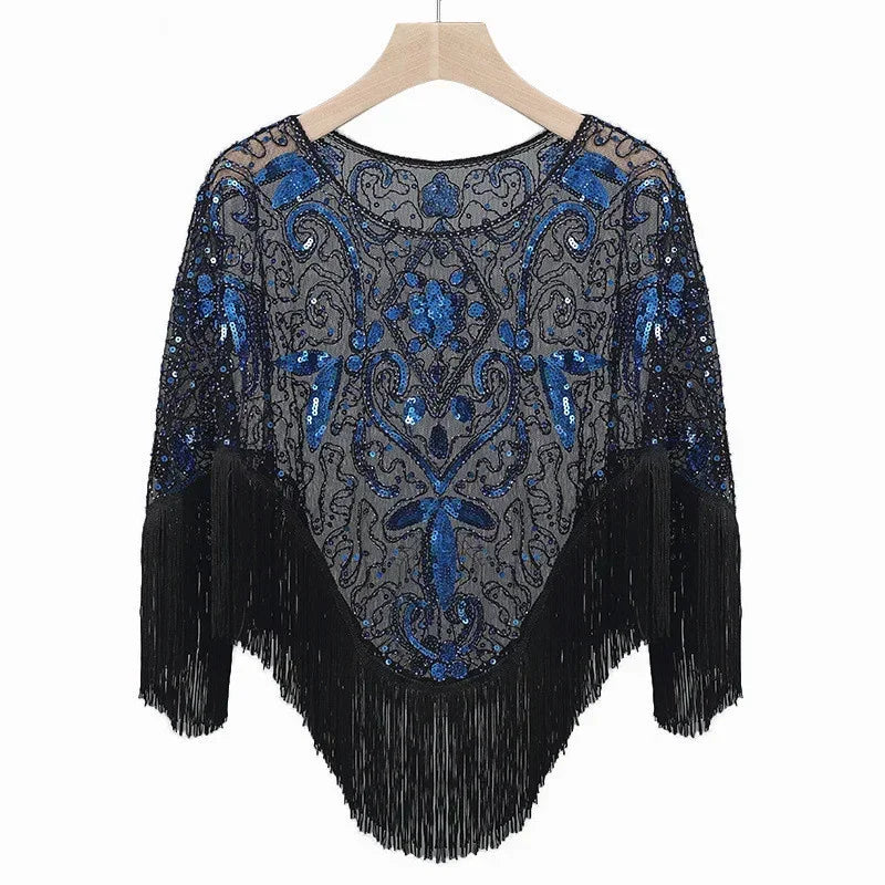 Summer Sequins Tassels Poncho Women Coat Party Outfits Cape Mesh Jacket Ladies Cloak Shawls Casaco Outerwear Wraps Woman Clothes