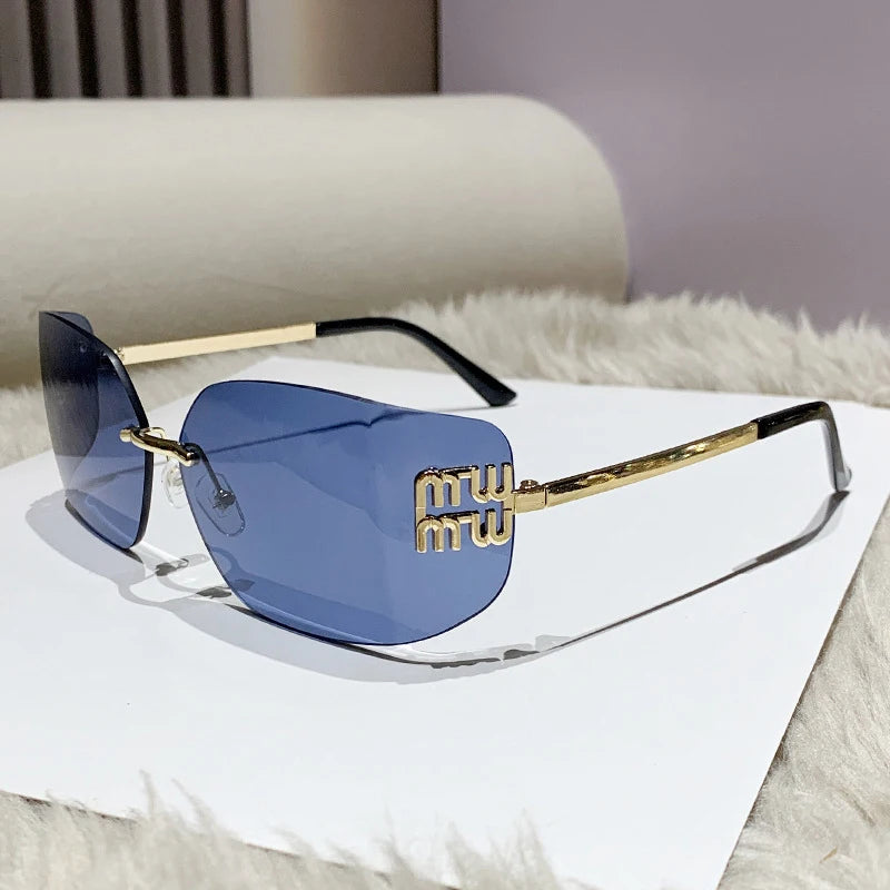 Classic Sun Glasses Female Funky Metal Luxury Rimless Sunglasses Women Brand Designer Rivets Rectangle Gradient Curved Shades