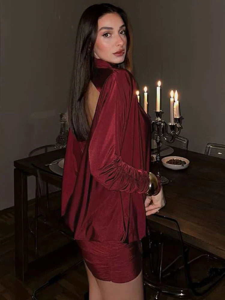Nibber Backless Dress Women Full Sleeve Turtleneck Folds Solid Skinny Birthday Party Autumn Trend Elegant Chic Mini Bodycon