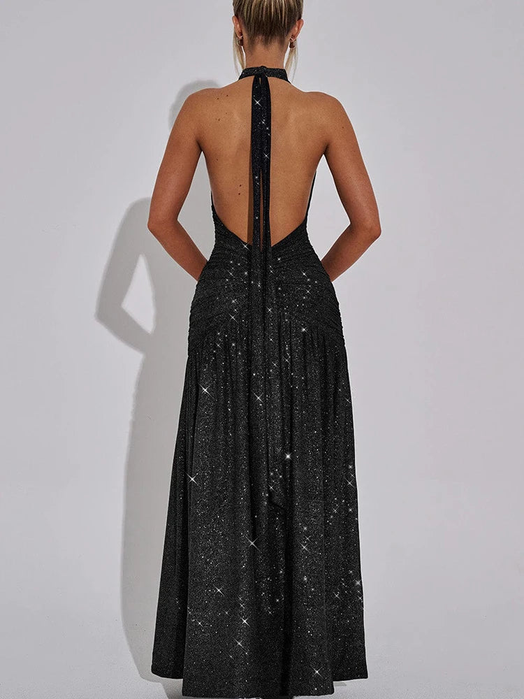 JULISSA MO Glitter Bright Silk Deep V-neck Women Maxi Dress Khaki High Slit Halter Dress Spring Slim Elegant Party Evening Dress