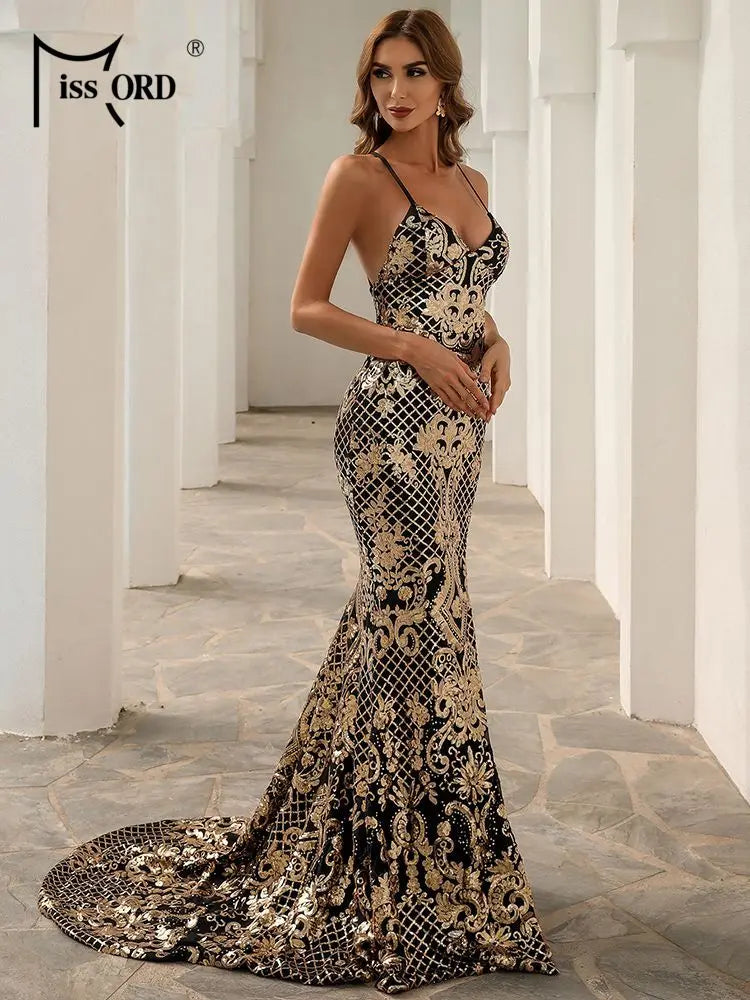 Missord Black Gold Sequin Maxi Evening Dress Elegant Women Spaghetti Strap V Neck Side Split Mermaid Party Prom Dresses Gown