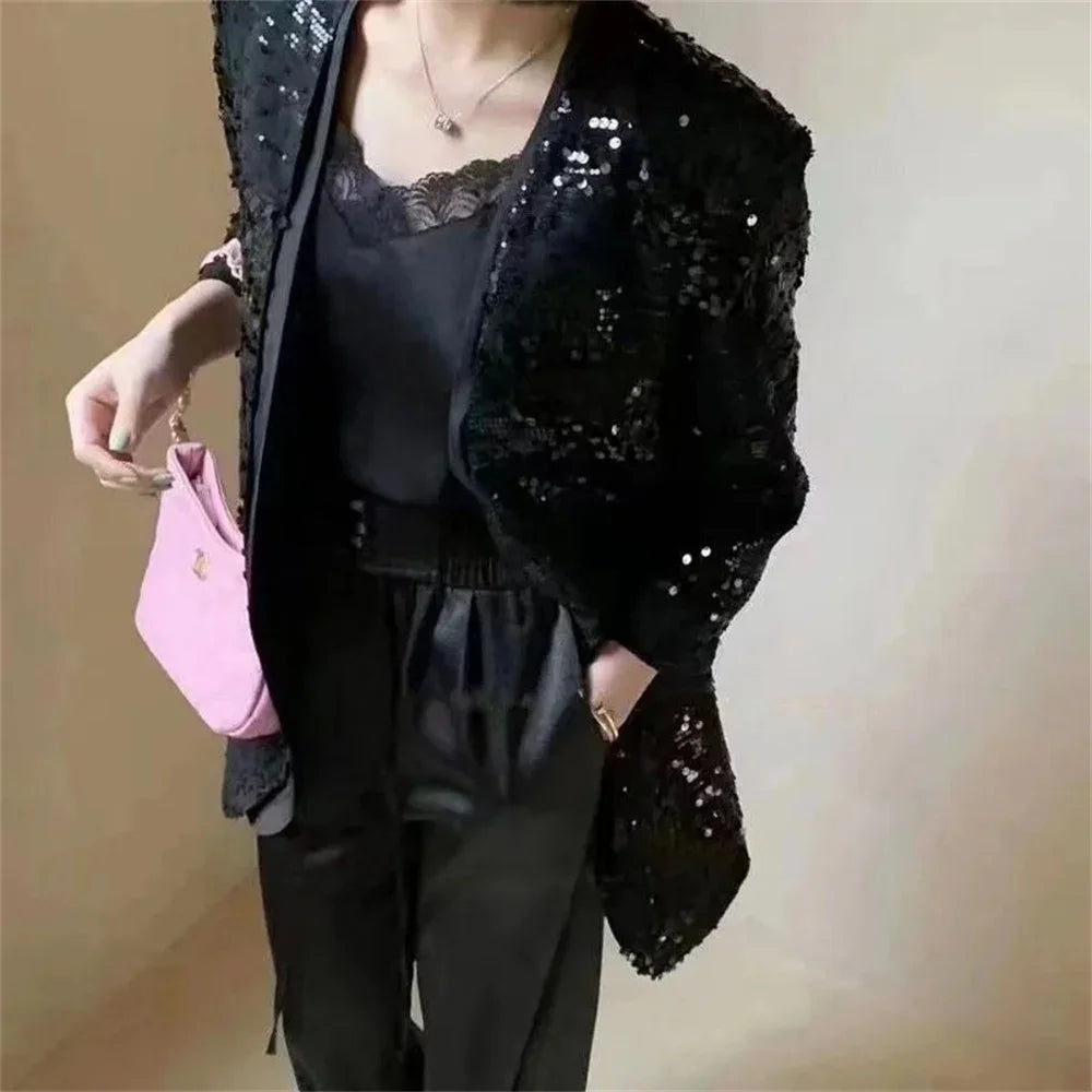 European Brand V-neck Temperament Socialite Sequin Jacket For Women, Mid To Long Style, Stylish Thin Style, Sparkling Top XQ145