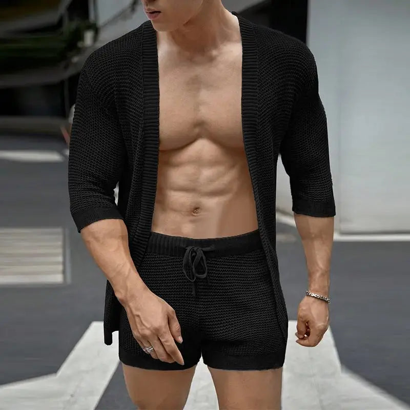 Conjuntos masculinos cor sólida, cardigan de meia manga e shorts com cordão, duas peças, moda urbana, ternos casuais