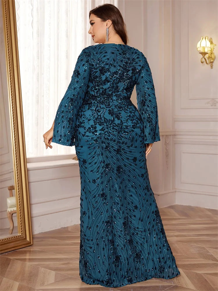 XUIBOL Plus Size Luxury Green Evening Dresses Women 2025 Long Sleeve Mermaid Formal Sequins Prom Wedding Party Cocktail Gowns