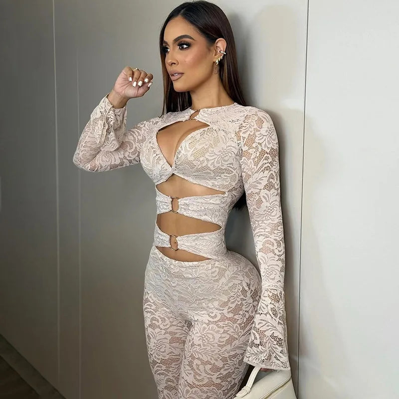 Sexy Hollow out Micro Flared Jumpsuit Long Pants  Lace Shirt Thickened Winter Collection for Elderly Women