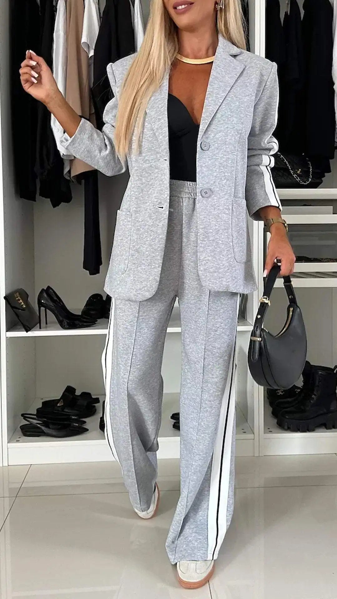Modern Office Commute Women's Suit Set Loose Fit Long Pants High Waist Striped Casual Sportswear Long Sleeve Button up Coat